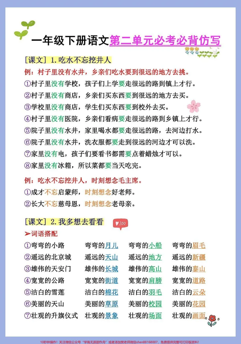 《一年级语文下册第二单元仿写句子。#一年级语文下册#必考考点#一年级重点知识归纳#仿写句子#词语累积》第1页预览