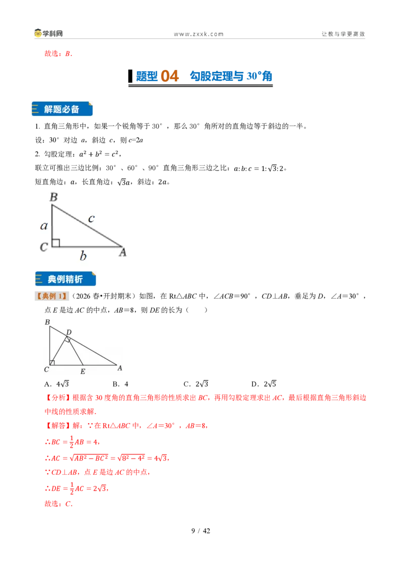 《专题19勾股定理及证明（题型专练）（解析版）_2026秋初中教辅合集_2027学科网&_2027新《8上数学•同步备课资料合集》（新教材浙教）》第9页预览