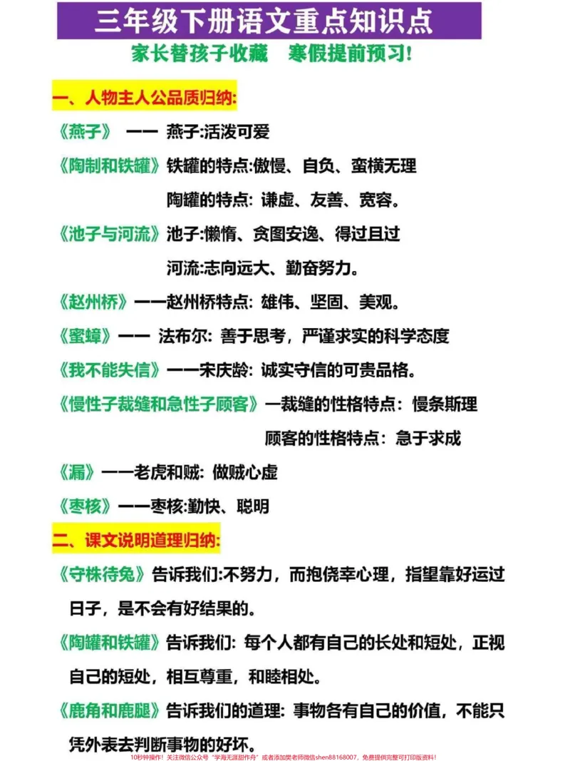 《三年级下册语文重点知识点梳理。三年级下册语文重点课文中心思想归纳，寒假预习必备#三年级#三年级语文重点归纳#家长收藏#三年级语文下册#寒假来了》第1页预览