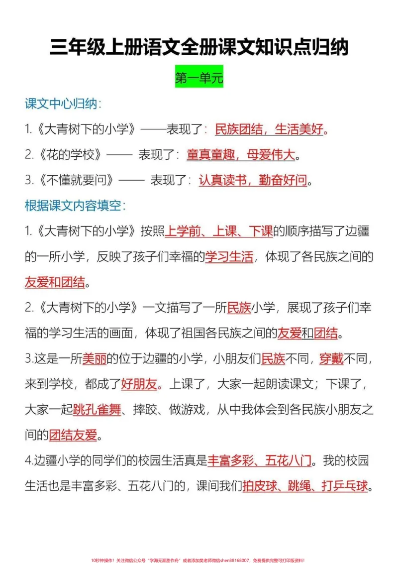 《三年级上册语文全册课文知识点归纳汇总。三年级上册课文知识点归纳，都是期中期末常考的，暑假打印一份给孩子读一读背一背，为新的学期打好基础》第1页预览