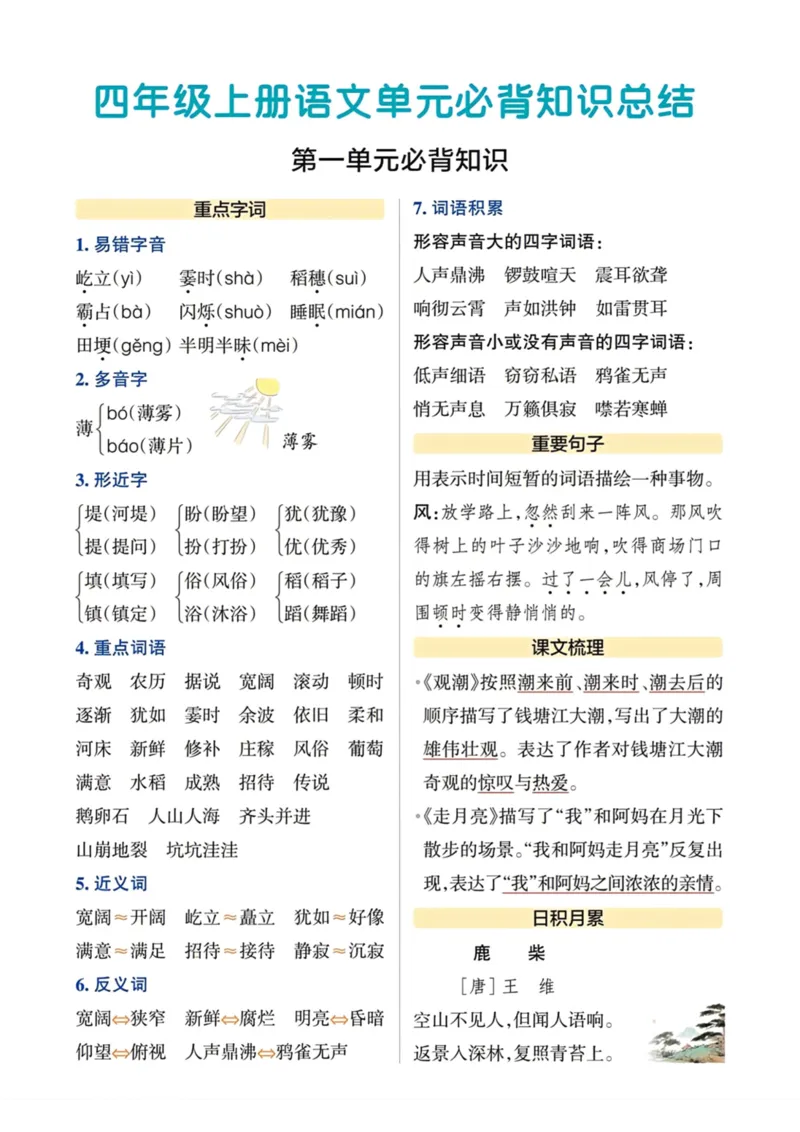 《四年级语文期末各单元必背知识总结_4年级上册同步教辅_4上-语文_四上语文重点必背》第1页预览