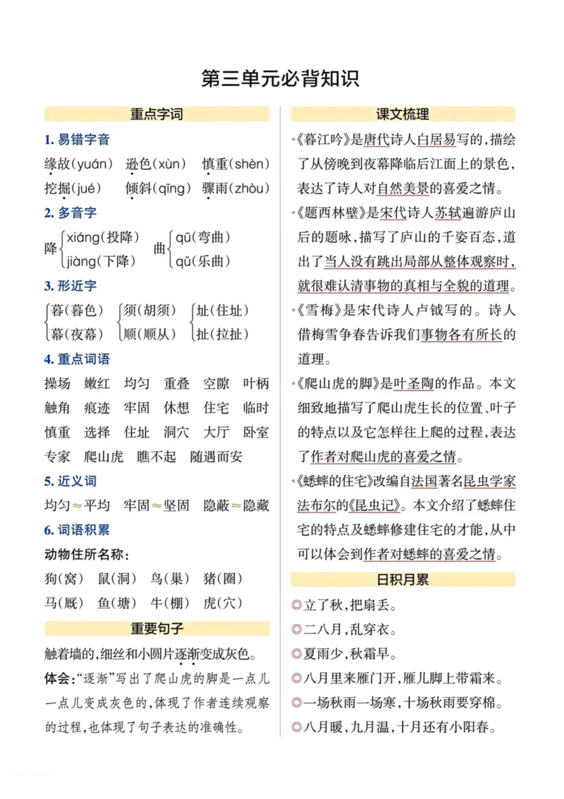 《四年级语文期末各单元必背知识总结_4年级上册同步教辅_4上-语文_四上语文重点必背》第3页预览