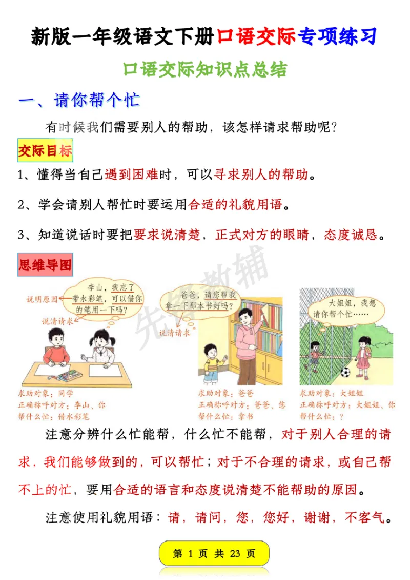 《新版一年级语文下册口语交际专项练习SY(1)_1年级下册同步教辅_1下-语文_一下语文-专项练习》第1页预览