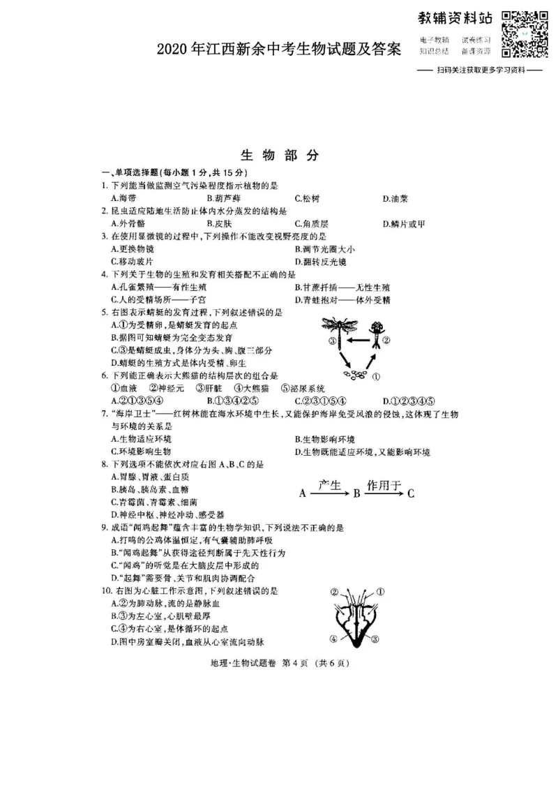 《2020江西新余中考生物试题及答案_初高中资料库_初中资料库（转存避免链接过期失效）_初中生物》第1页预览