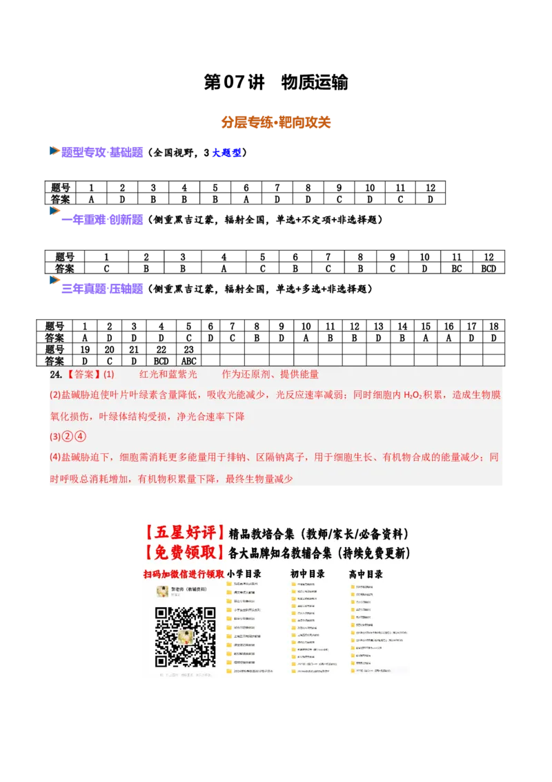 《第07讲物质运输（答案版）_高考一二三轮复习_生物_2027年高考生物一轮_2027年高考生物一轮课件+讲义+练习（黑吉辽蒙专用）-G330_2027版》第1页预览