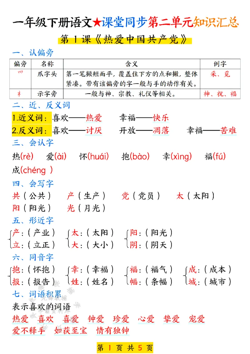 《新一年级下册语文第二单元知识汇总SY(1)_1年级下册同步教辅_1下-语文_一下语文-知识点汇总》第1页预览