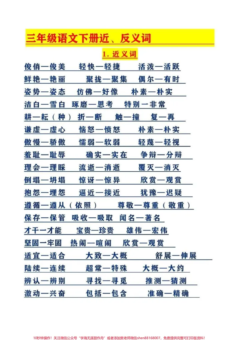 《三年级下册语文近反义词整理归纳,收藏保存下来学习备用,假期提前读一读背一背吧#家长收藏孩子受益#每天学习一点点#教育#学习#三年级》第1页预览