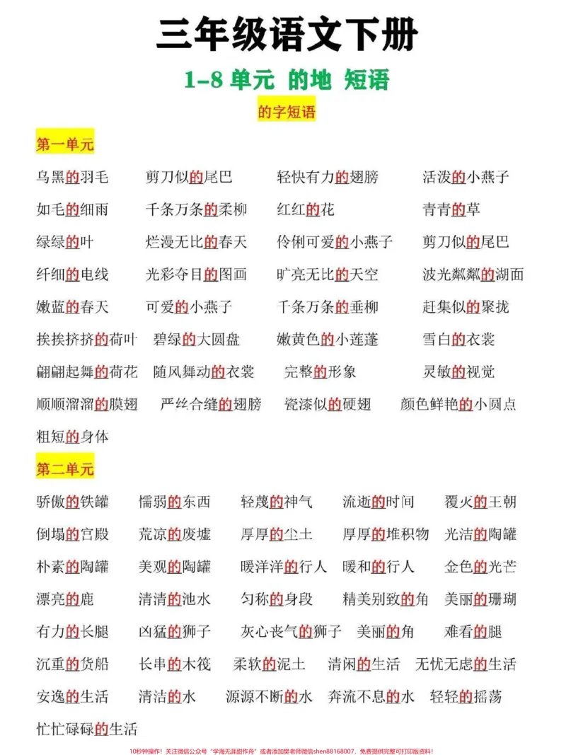 《三年级下册语文的地短语梳理汇总。的地得是小学语文学习重点，的地得不分，家长替孩子收藏打印一份吧#三年级语文#家长收藏孩子受益#三年级#小学语文#三年级语文下册》第1页预览