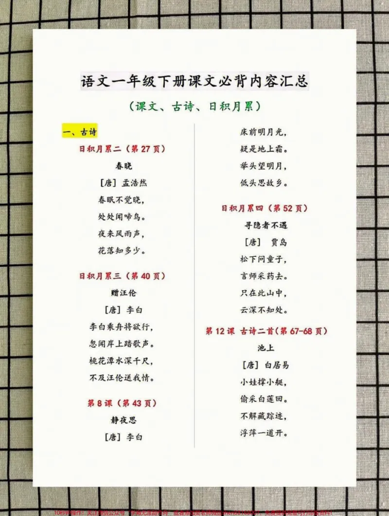 《一年级下册语文必背古诗,日积月累,课文内容汇总#教育#家长收藏孩子受益#学习#小学必背古诗#学霸秘籍》第1页预览