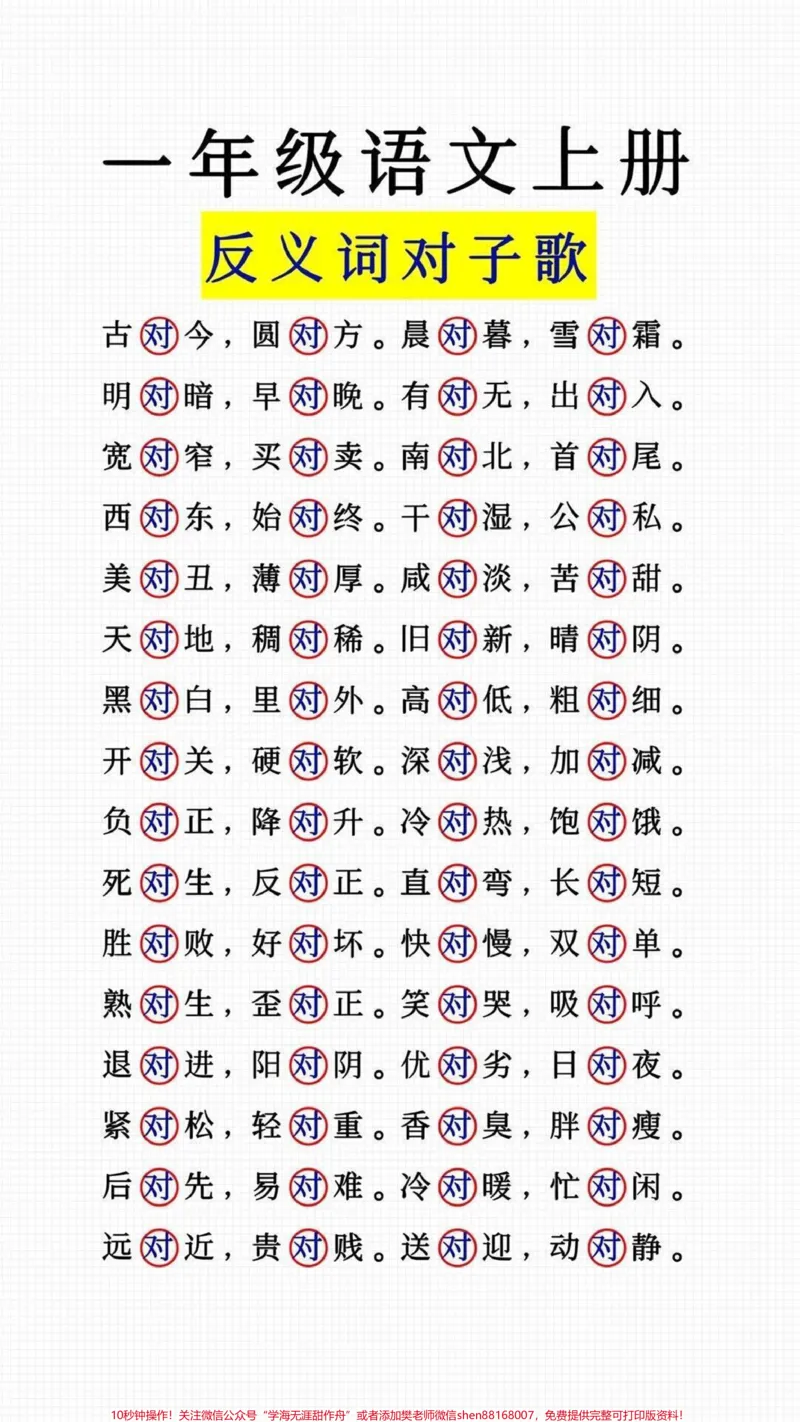 《一年级上册语文对字歌。#一年级语文#必考考点#反义词#对字歌#必考题易错题@qunju888.com小助手@qunju888.com热点宝@qunju888.com创作者中心》第1页预览