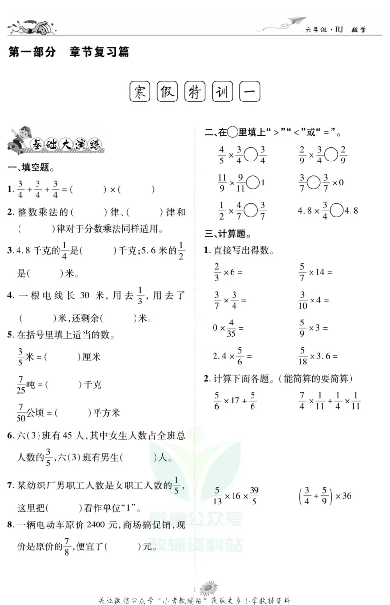 《假期特训·学期总复习六年级寒假数学人教版_07.小学语文、英语、数学专区_小学寒假教辅汇总_1~8年级假期特训·学期总复习_6年级》第3页预览