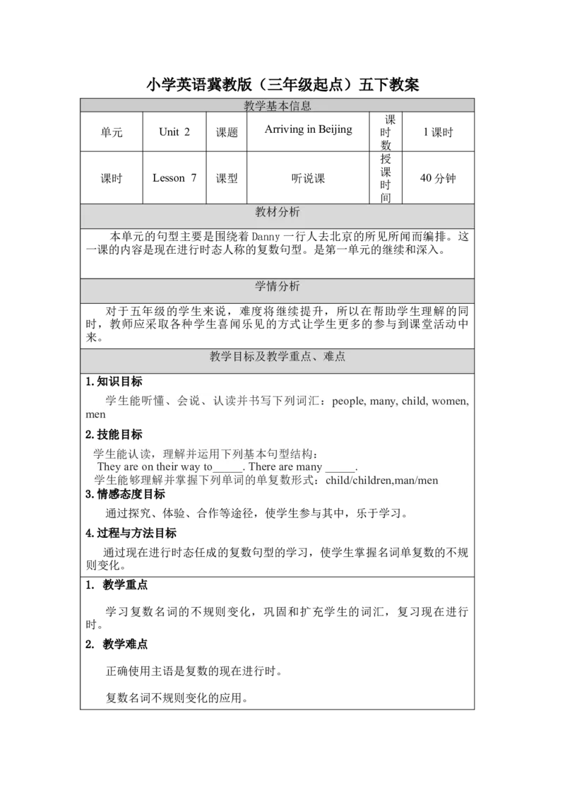《五下教案Unit2Lesson7_26春小学语数英道科各版本《课件+教案》_26春各版本语数英《七彩课堂》教学课件+教案_英语《七彩课堂课件教案》冀教26春_Unit2InBeijing（教案）》第1页预览