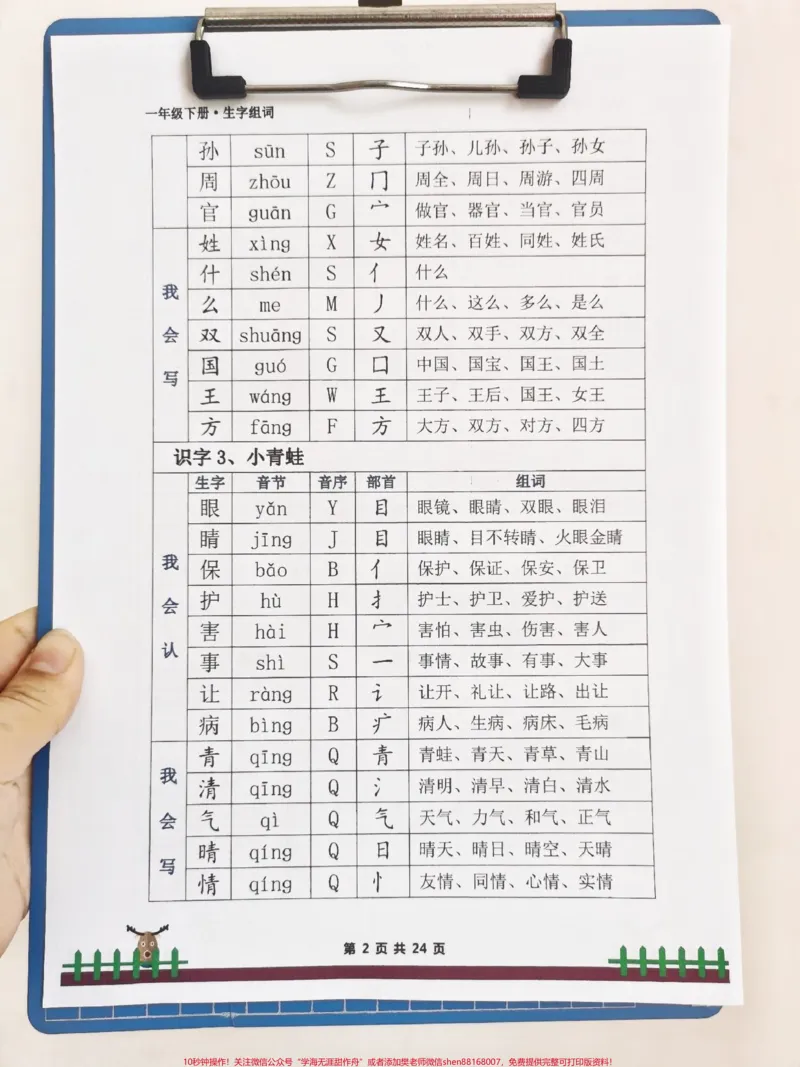 《一年级下册生字组词。放假前下发的下册生字组词，要求每日读20分钟，词语达到背诵程度。电子版可分享。#生字预习卡#知识分享#一年级语文#一年级#小学语文生字》第2页预览