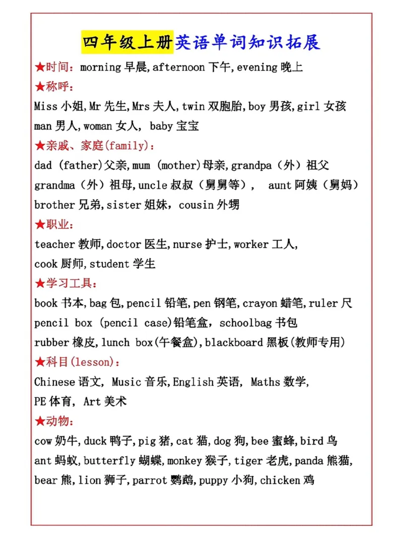 《四（上）英语（人教PEP）重点句子单词归纳_4年级上册同步教辅_4上-英语_四上英语人教PEP资料》第4页预览