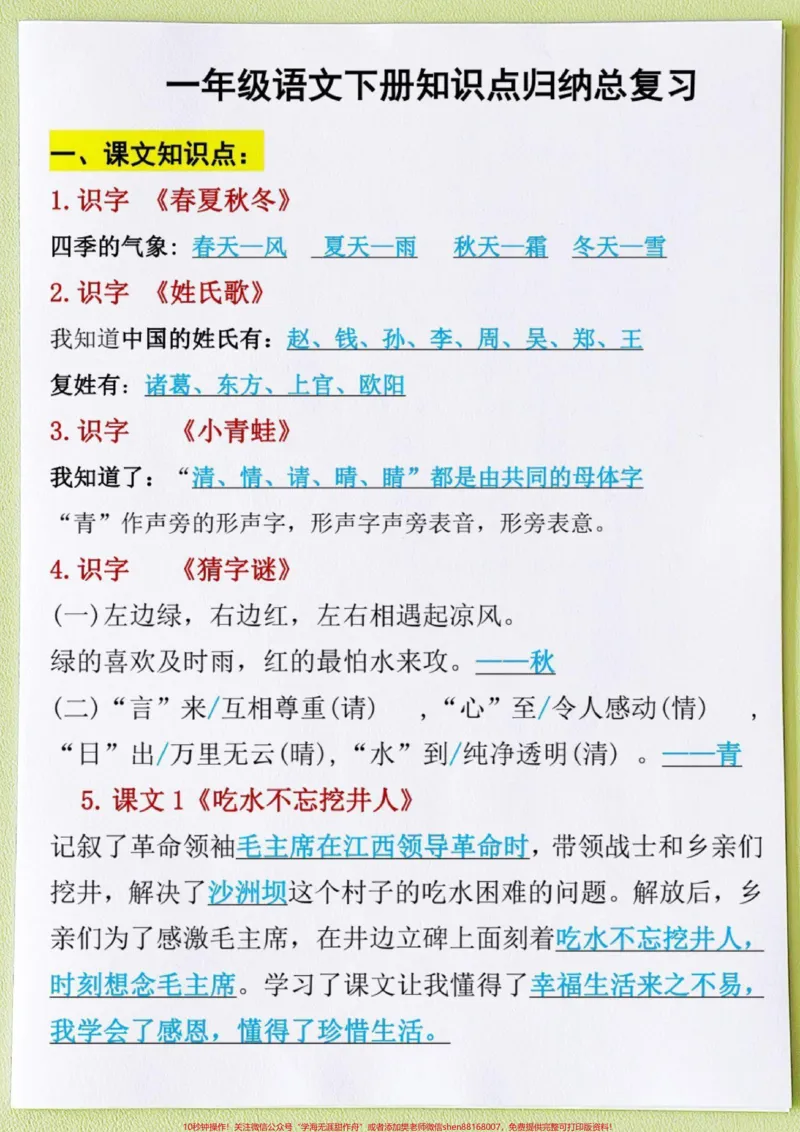《一年级语文下册八大专项训练。下册重点知识点掌握这八大专项①看拼音写词语②按课文内容填空③字词专项练习④句子专项训练识字表注音⑥课内阅读专项⑦课外阅读专项⑧看图写话专项练习,掌握八大项期末98+##必考考点#一年级语文下册#家长收藏孩子受益#一年级重点知识归纳》第2页预览