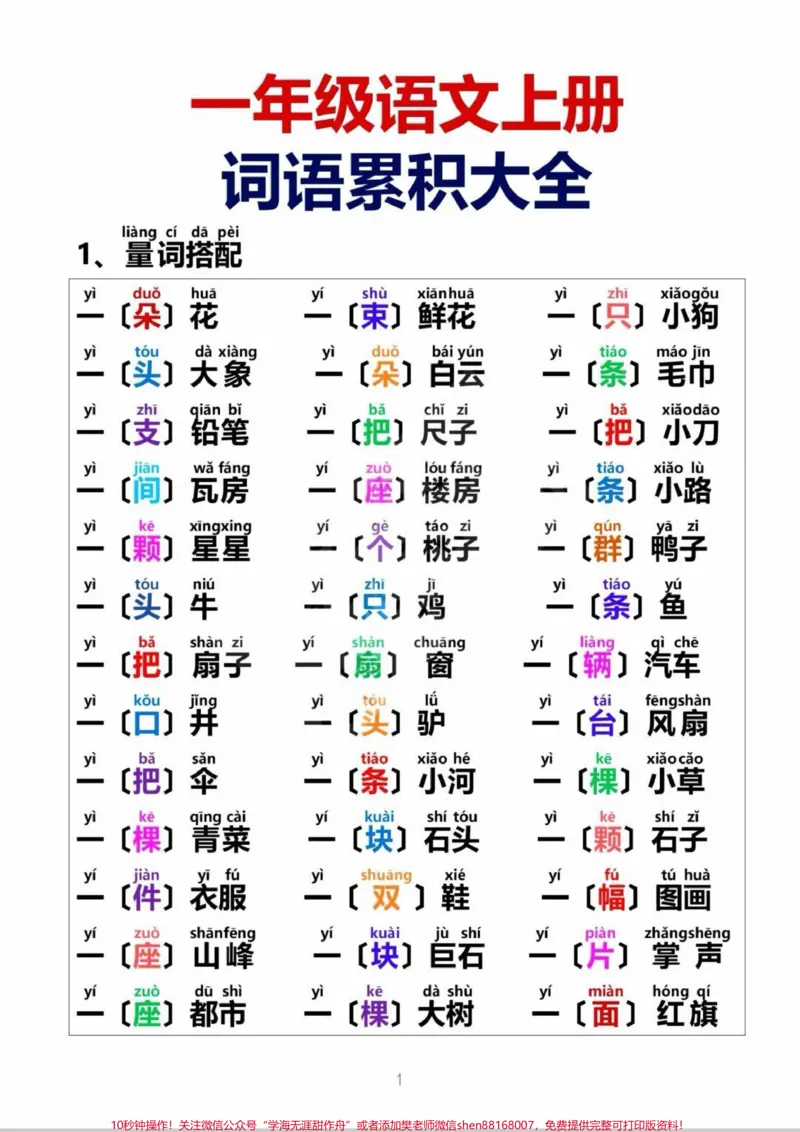 《打好基础全靠它一年级语文词语积累。一年级语文量词积累,寒假读一读,写一写,打卡词语积累#知识分享#量词#一年级#一年级重点知识归纳#小学语文知识点》第1页预览