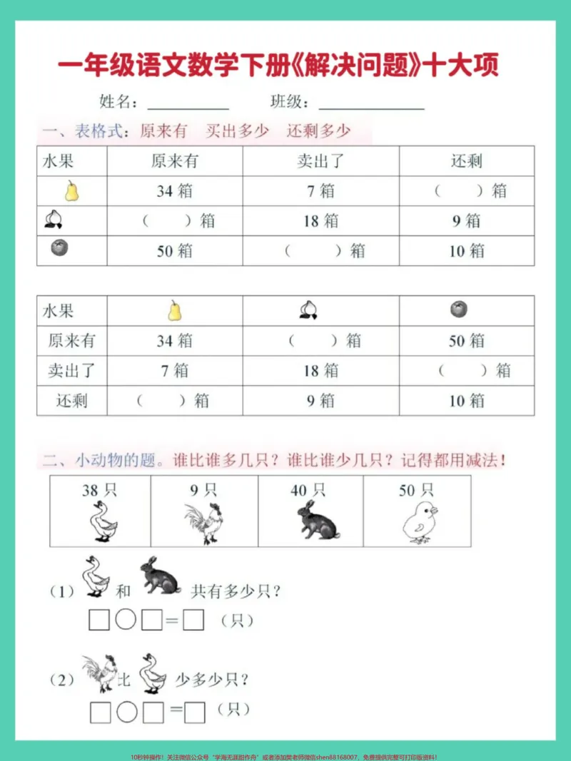 《一年级数学下册期末必考解决问题专项检测卷。#一年级解决问题#期末复习#必考考点#解决问题专项练习#一年级数学易错题汇总》第2页预览