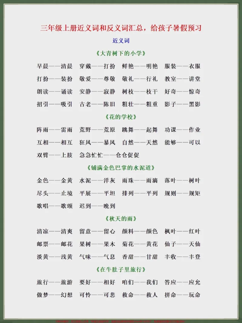 《二升三暑假预习近义词和反义词汇总。二升三暑假预习近义词和反义词,有完整电子版分享,家长可以打印出来提前给孩子预习,都是考试知识点#二升三#学霸秘籍#语文#知识点总结#暑假充电计划》第1页预览