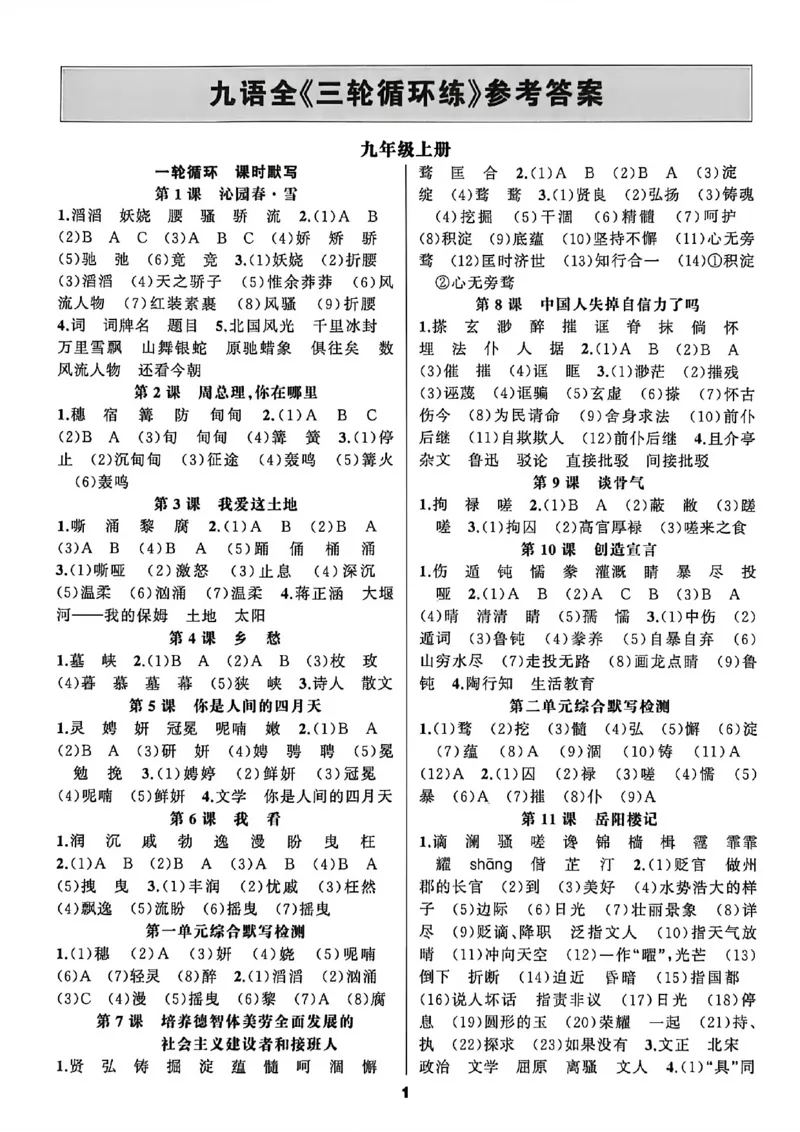 《九语答案_2026秋初中教辅合集_2027语文花开_2027《语文花开•循环默写》9全》第1页预览