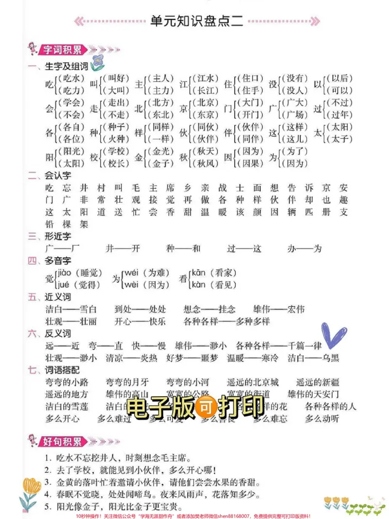 《一年级语文下册单元知识点总结生字组词。#一年级语文#一年级重点知识归纳#语文知识分享#知识点总结#一年级语文下册》第2页预览