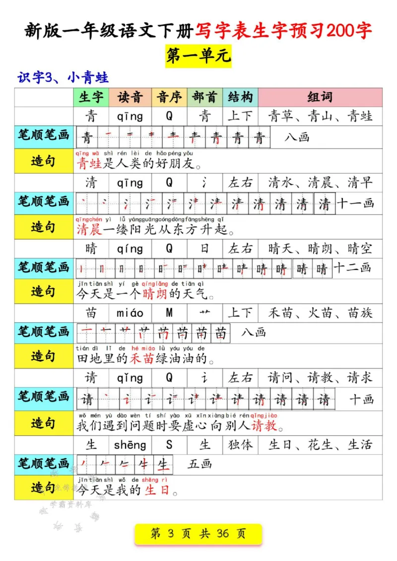 《新版一年级语文下册写字表生字预习200字SY_1年级下册同步教辅_1下-语文_一下语文-生字+字帖》第3页预览
