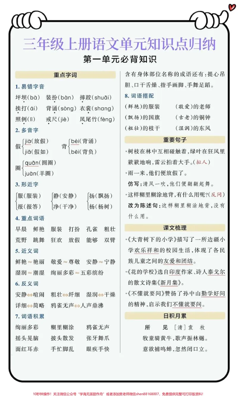 《三年级上册语文知识点总结。#三年级上册语文#必考考点#三年级语文重点归纳》第1页预览