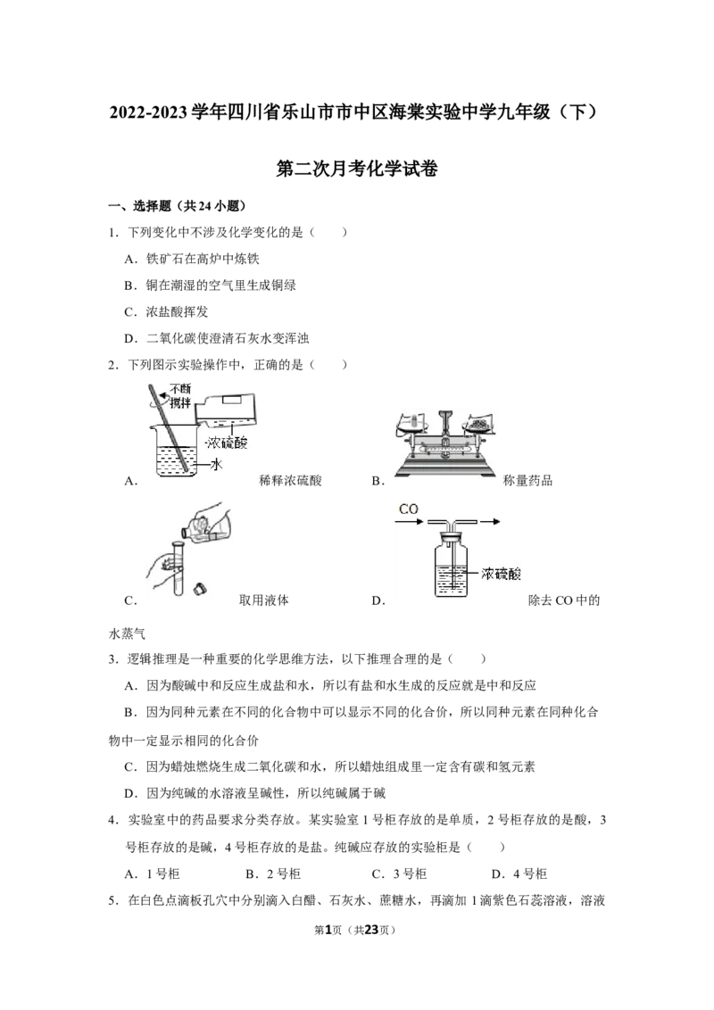 《2022-2023学年四川省乐山市市中区海棠实验中学九年级（下）第二次月考化学试卷_初中全科知识点总结和试卷_赠送习题试卷_初中3年学习辅助资料_1、初中学习资料_2024秋改版_名校真题试卷》第1页预览