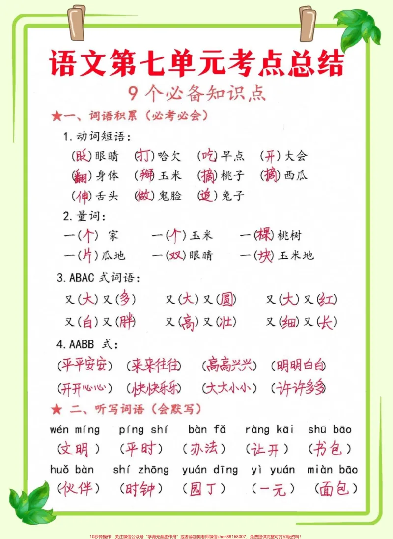 《一年级语文第七单元必备考点(知识总结)第七单元必备考点来了,要空白版评论区告诉我#一年级语文下册#一年级#一年级语文#一年级下册#必考考点@DOU+小助手》第1页预览