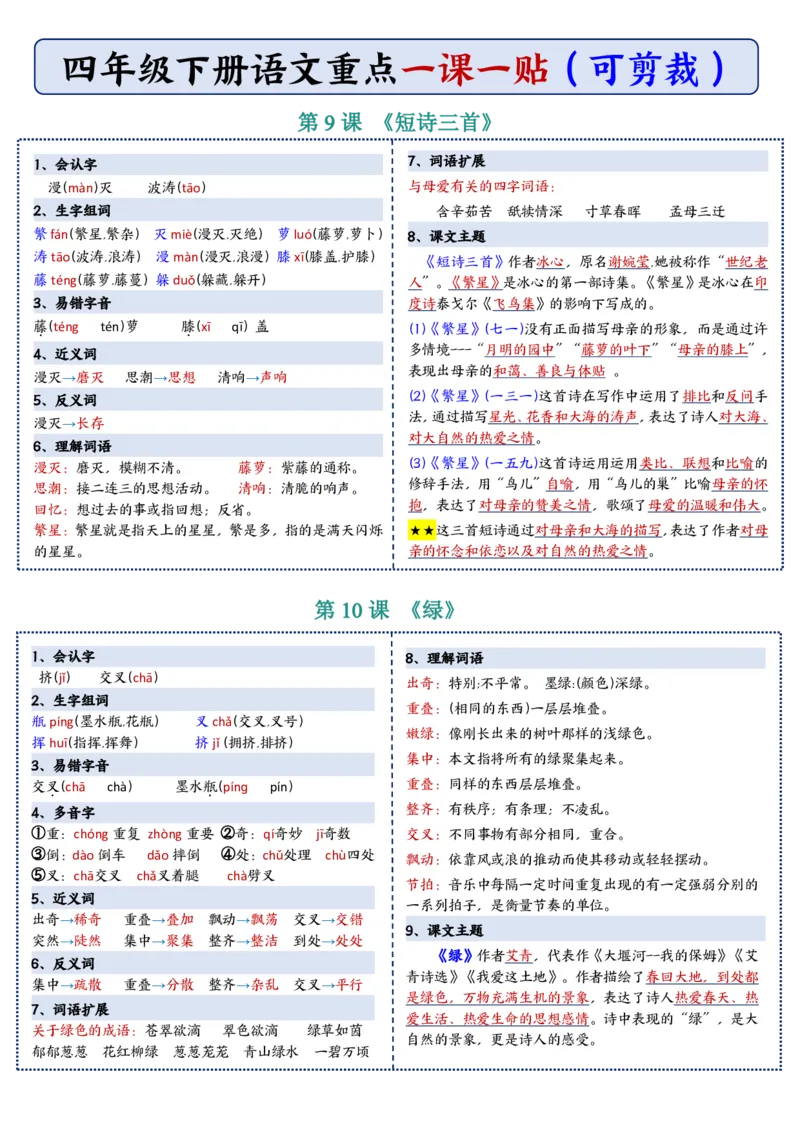 《四年级（下）语文彩色重点一课一贴_4年级下册同步教辅_四下语文_四下语文课课练》第6页预览