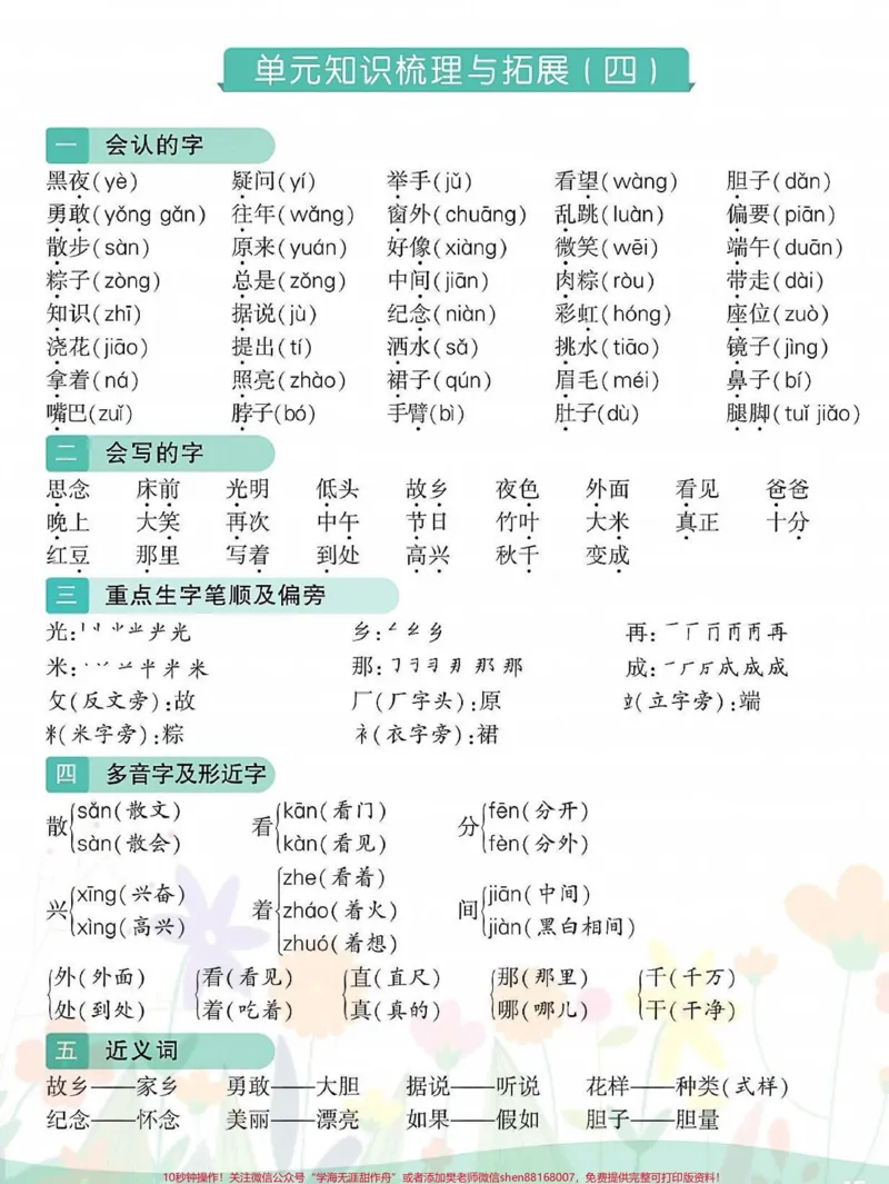 《一年级语文下册班主任推荐期末必考总结。一年级语文下册1-8单元期末必考知识点总结,吃透这16页不管是期末考试,还是基础达标测试,都稳稳98+#一年级重点知识归纳#一年级语文下册#知识点总结#必考考点#期末复习》第4页预览