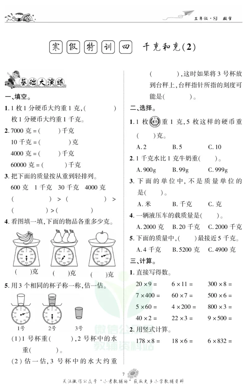 《假期特训·学期总复习三年级寒假数学苏教版_07.小学语文、英语、数学专区_小学寒假教辅汇总_1~8年级假期特训·学期总复习_3年级》第9页预览