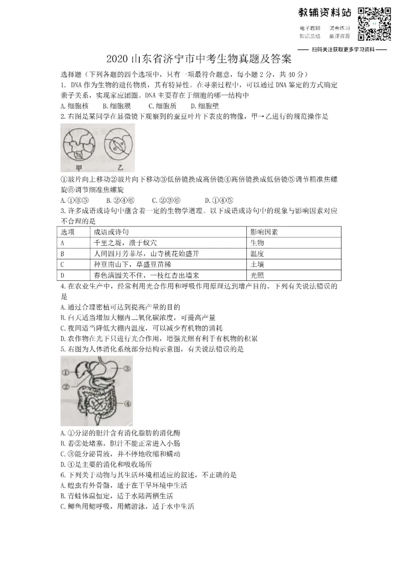 《2020山东省济宁市中考生物真题及答案_初高中资料库_初中资料库（转存避免链接过期失效）_初中生物》第1页预览