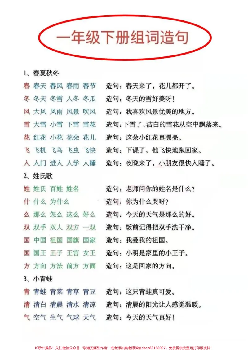 《全网都在找的一年级下册生字组词造句。老师说，生字组词是必须要预习的，这套生字组词造句，全都包含啦！保存起来，及时掌握学习内容。#一年级#知识分享#造句#词语积累#生字》第1页预览