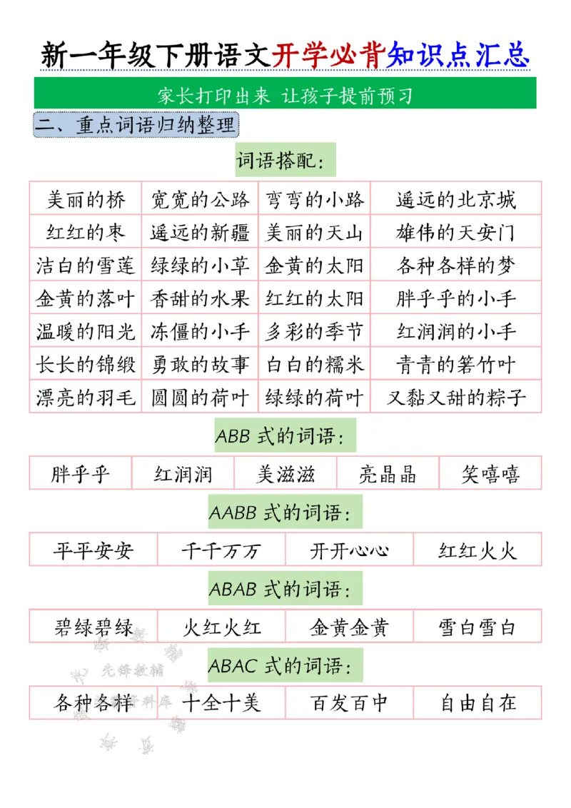 《新一年级下册语文开学必背知识点汇总SY(2)_1年级下册同步教辅_1下-语文_一下语文-知识点汇总》第2页预览