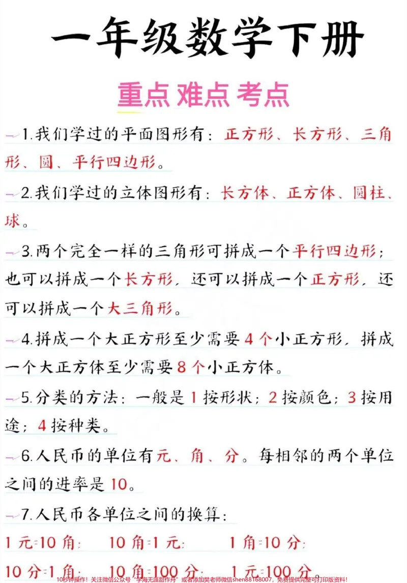 《一年级下册数学重难点及考点知识点归纳#小学数学#教育#数学#数学思维#学习》第1页预览