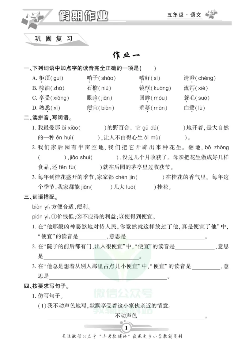 《假期天天练·寒假作业五年级语文部编版_07.小学语文、英语、数学专区_小学寒假教辅汇总_1~6年级假期天天练·寒假作业》第3页预览