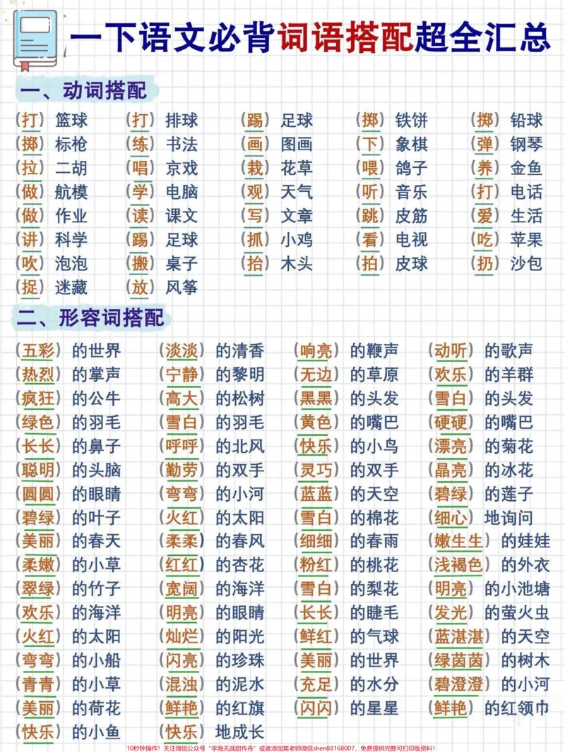 《一年级词语搭配超全汇总。#词语积累#知识点总结#小学语文知识点#一年级重点知识归纳#小学语文》第1页预览