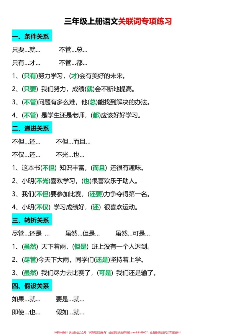 《二升三关联词专项练习。二升三语文关联词专项练习,老师整理好了,家长给孩子打印一份出来学习。都是考试常考必考知识点,有电子版可打印,家长给孩子打印出来学习吧!#二升三#三年级上册语文#三年级上册》第1页预览