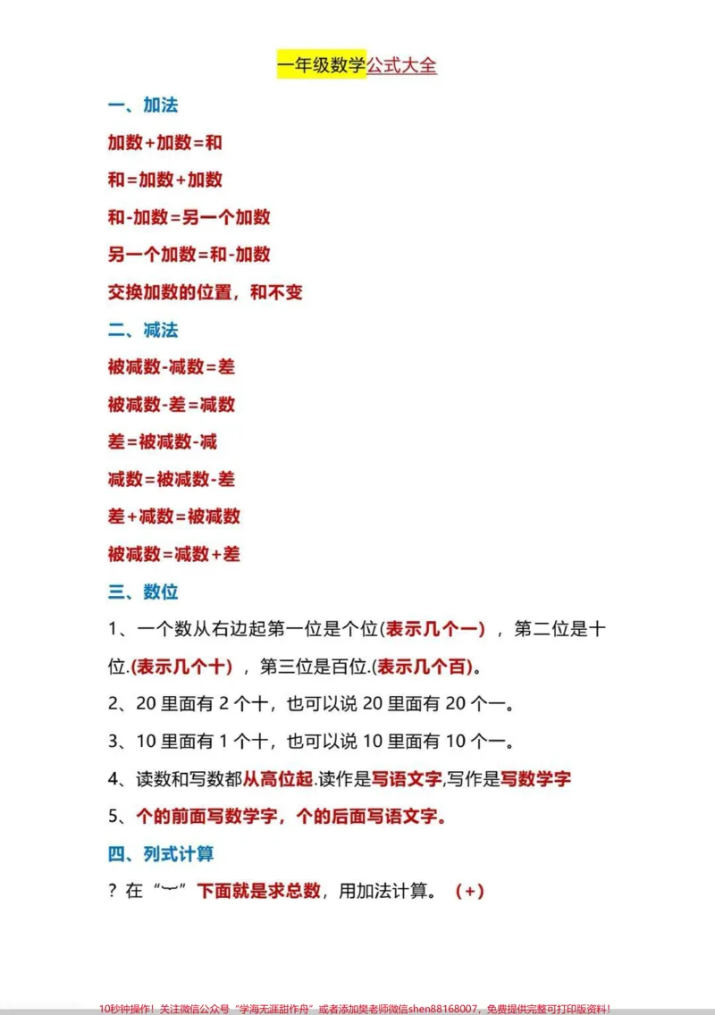 《一年级数学公式大全。一年级数学公式大全清单来了,数学就是要提前预习,公式大全已整理好,拿去背诵,开学跟得上。#一年级#一年级数学题#每天学习一点点#一年级数学公式#知识分享》第1页预览