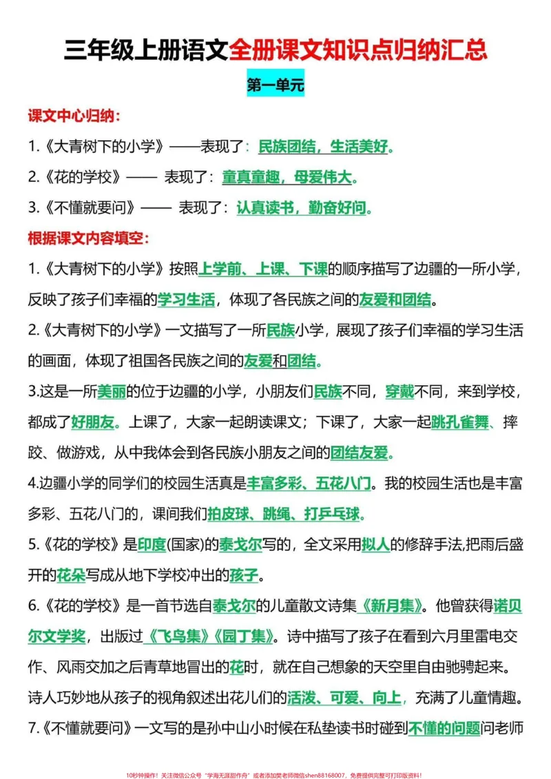 《三年级上册重要知识点归纳汇总。三年级上册考点和重点归纳给同学们整理好了，抽空打印出来读一读背一背，为三年级语文打好基础#二升三#暑假预习#三年级语文》第1页预览