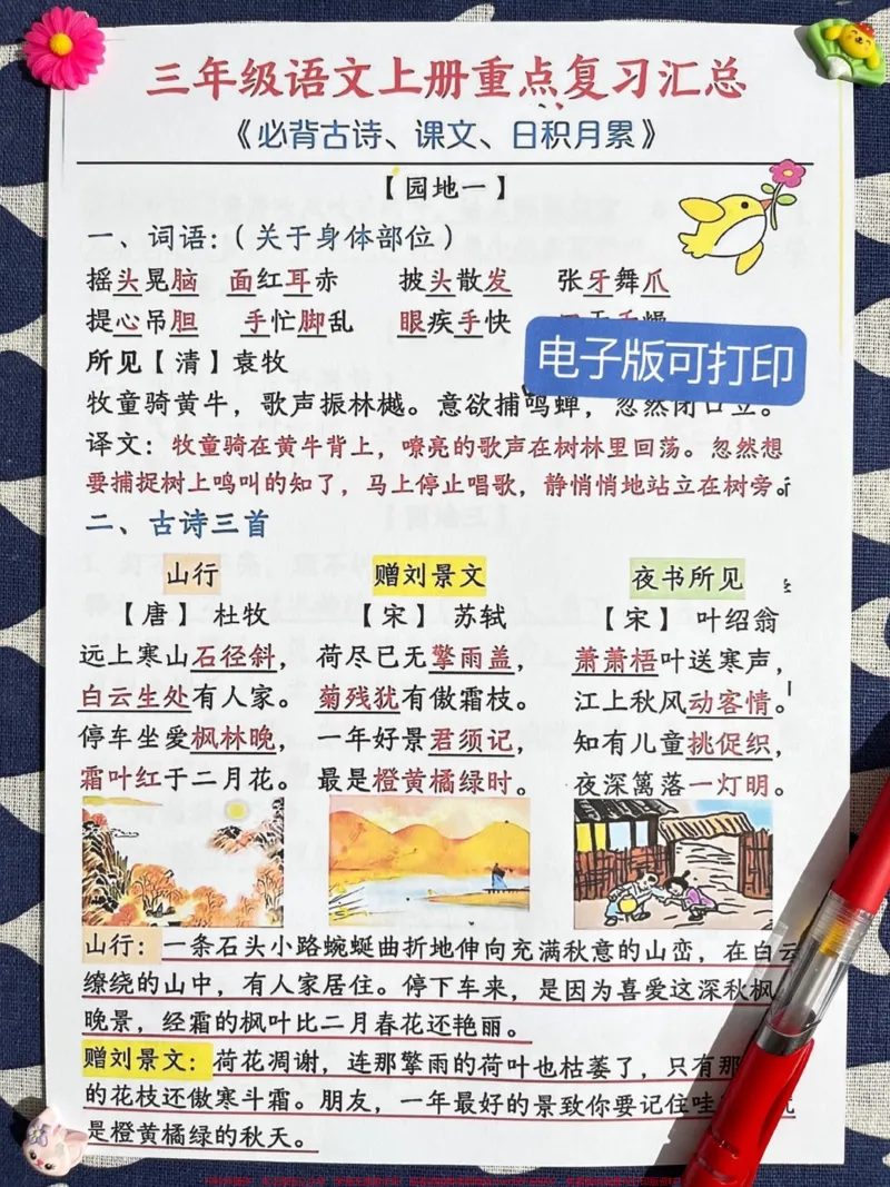 《三年级上册语文期末全册高频考点汇总，是三。年级语文重点知识的归纳总结。这些高频考点涵盖了三年级上册语文的重要内容，是孩子们在期末考试前必须掌握的知识点。通过学习和练习，孩子们可以更好地应对语文考试，提高成绩。#三年级#三年级上册语文#三年级语文重点归纳》第2页预览