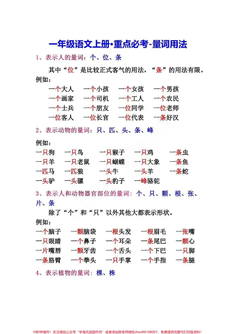 《一年级上册语文必考重点量词填空及句子专项练习#小学知识点归纳#知识点总结#学习#小学语文资料分享#小学一年级语文》第1页预览
