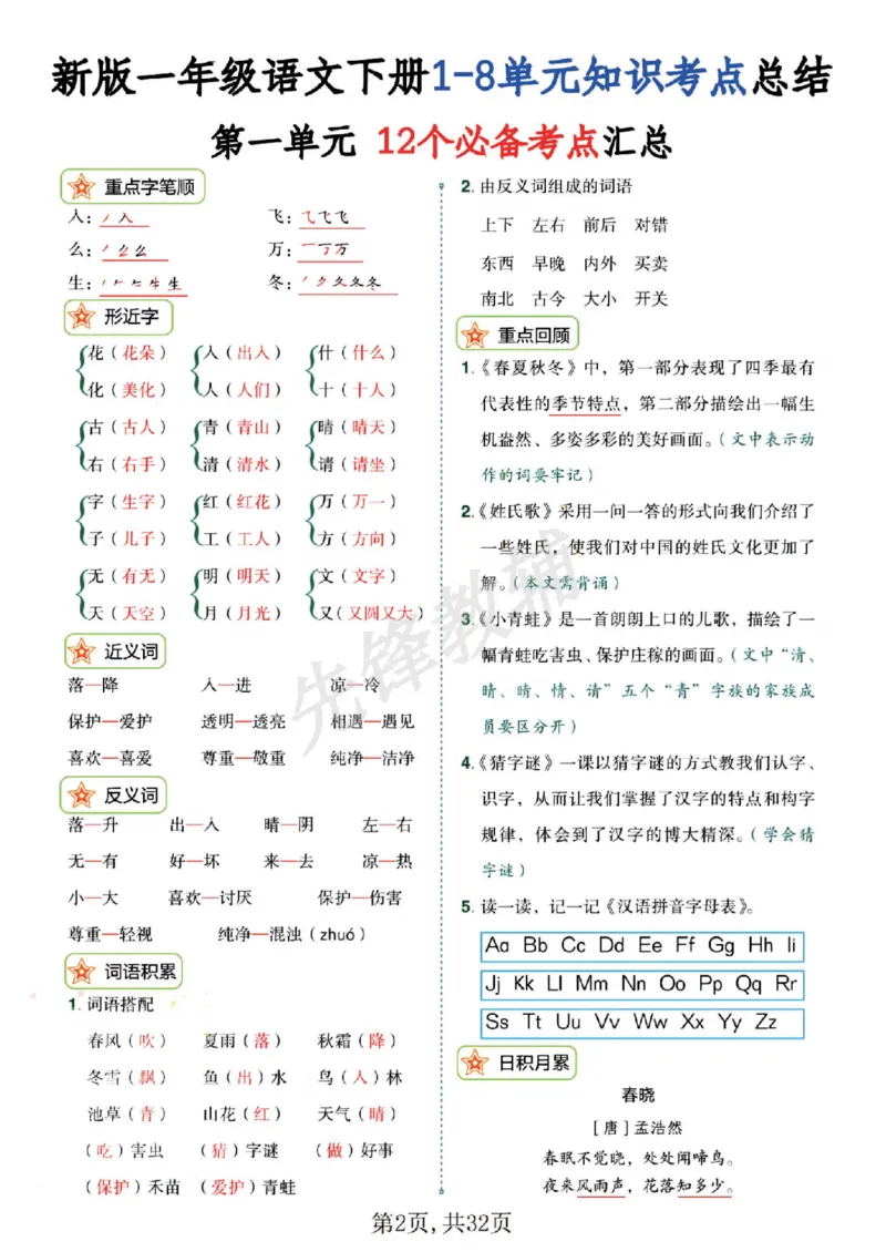 《新版一年级语文下册1-8单元知识考点总结SY_1年级下册同步教辅_1下-语文_一下语文-复习资料》第2页预览