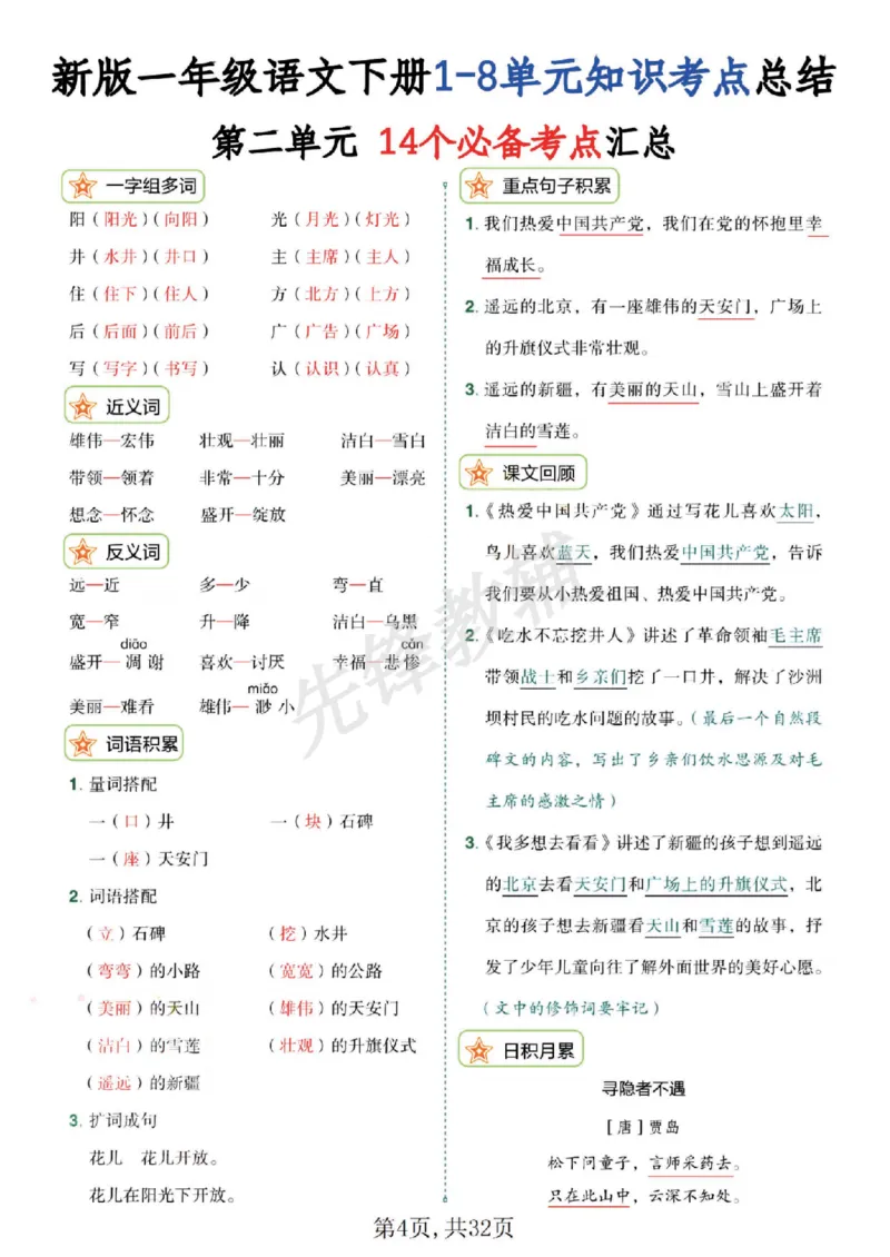 《新版一年级语文下册1-8单元知识考点总结SY_1年级下册同步教辅_1下-语文_一下语文-复习资料》第4页预览