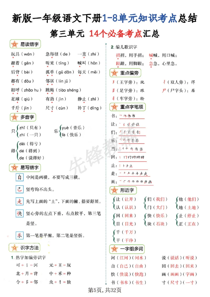 《新版一年级语文下册1-8单元知识考点总结SY_1年级下册同步教辅_1下-语文_一下语文-复习资料》第5页预览