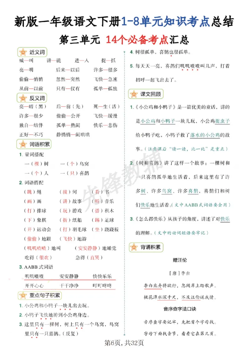 《新版一年级语文下册1-8单元知识考点总结SY_1年级下册同步教辅_1下-语文_一下语文-复习资料》第6页预览