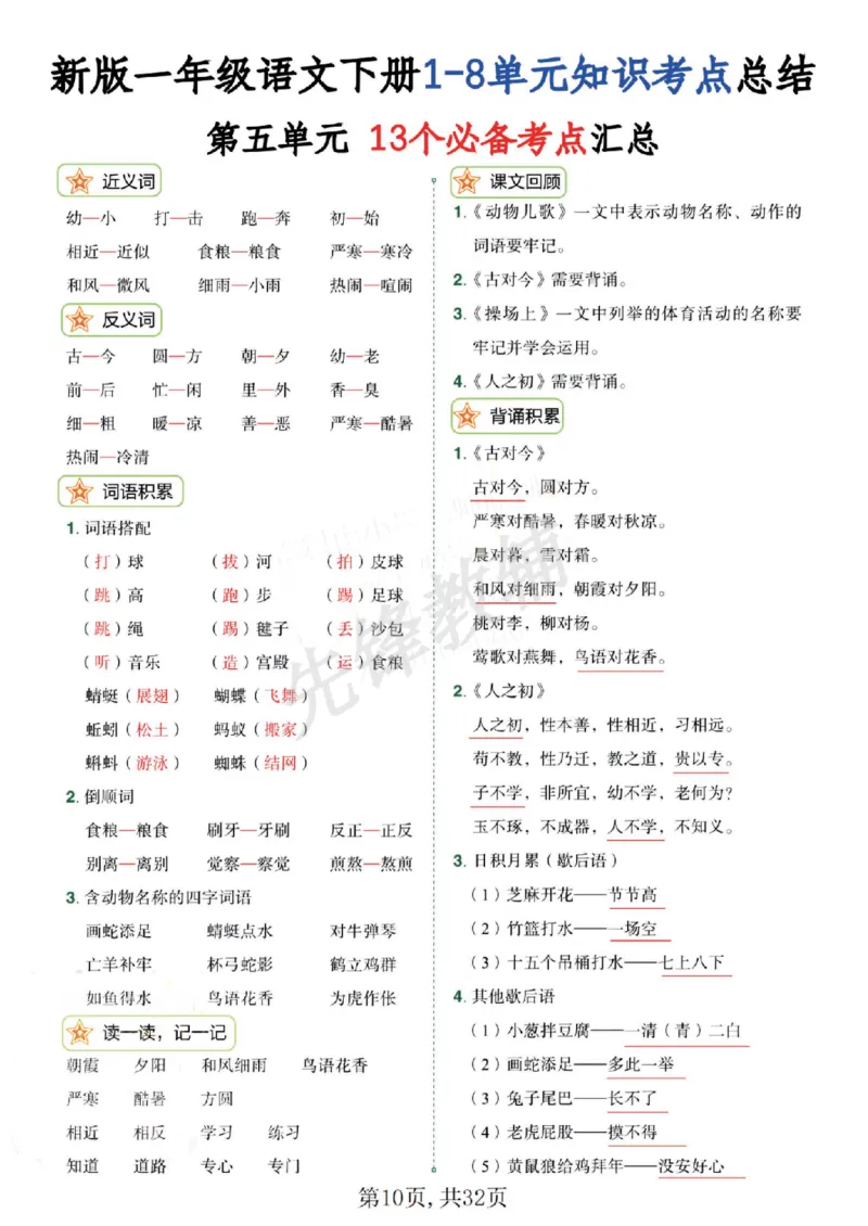 《新版一年级语文下册1-8单元知识考点总结SY_1年级下册同步教辅_1下-语文_一下语文-复习资料》第9页预览