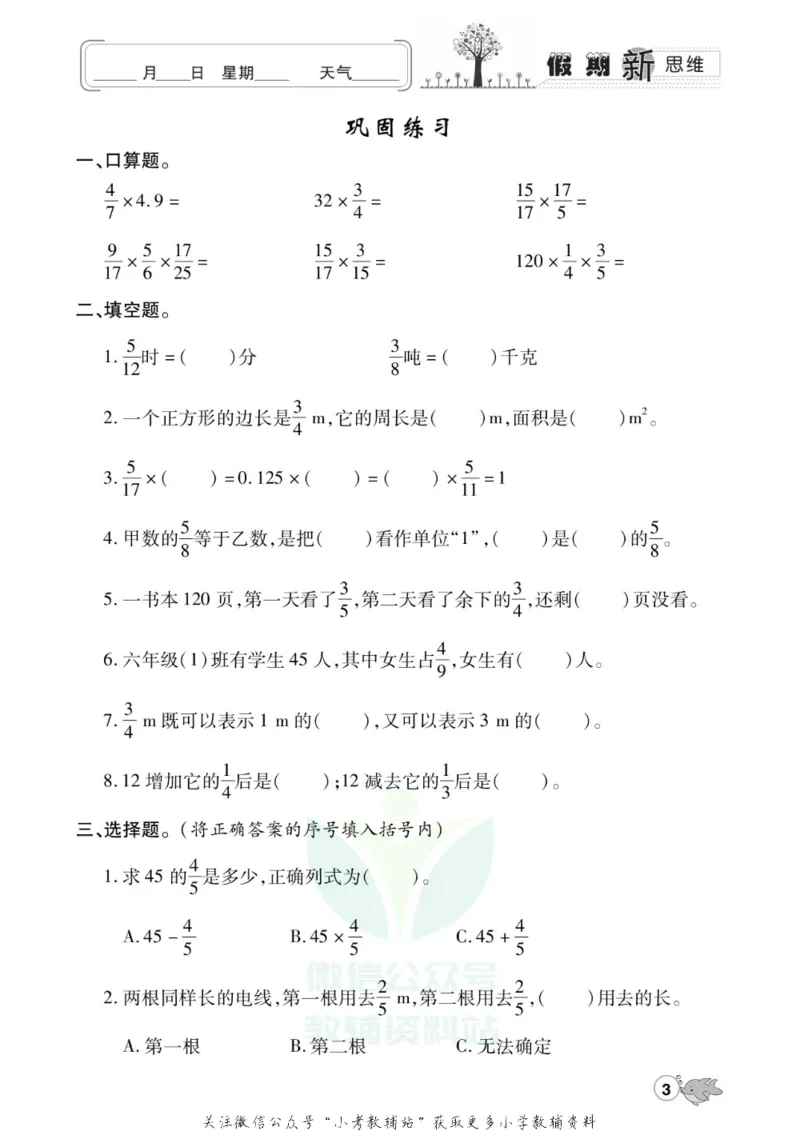 《假期新思维六年级寒假数学人教版_07.小学语文、英语、数学专区_小学寒假教辅汇总_1~8年级假期新思维》第6页预览