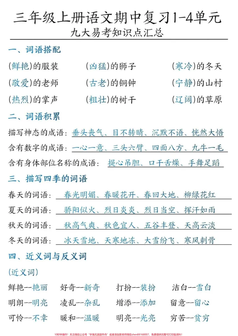 《三年级语文期中1-4单元九大易考知识点。三年级上册语文期中1-4单元九大易考知识点汇总整理出来了,家长可以打印出来给孩子读一读背一背,期中考试不丢分#三年级上册语文#三年级#三年级语文重点归纳#三年级语文上册#三年级语文收起不丢分》第1页预览