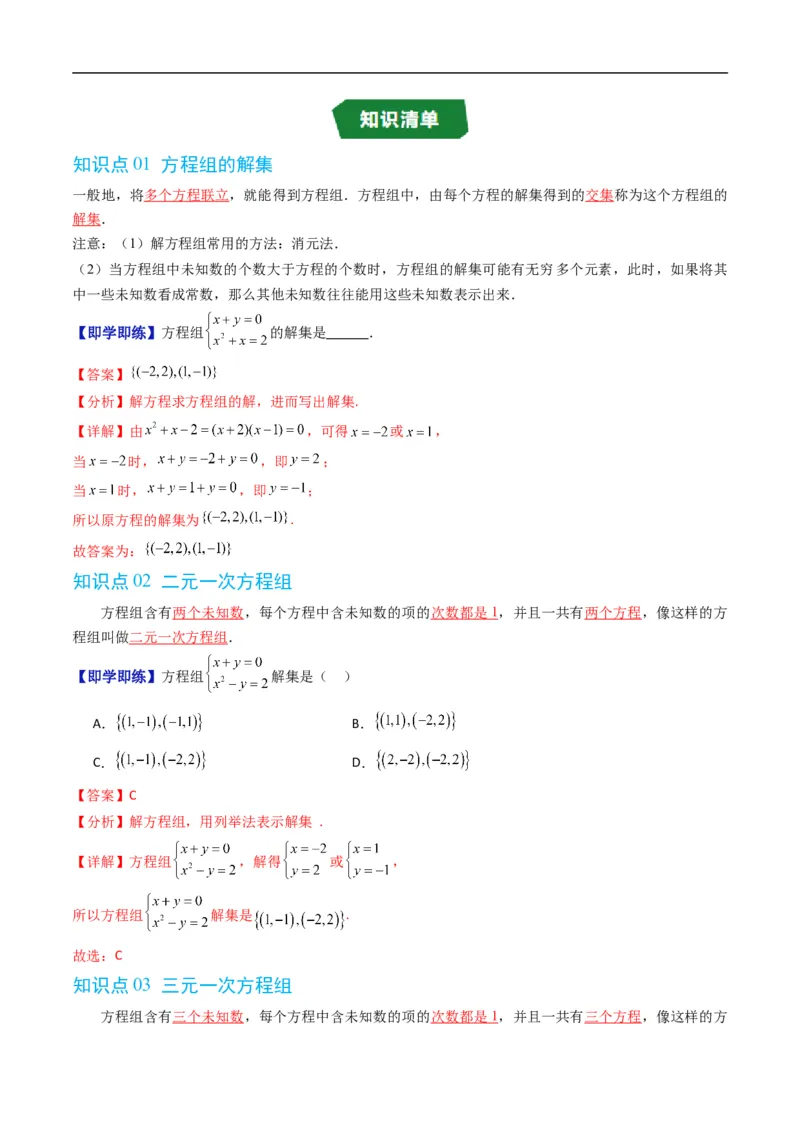 《专题2.3方程组的解集（高效培优讲义）（解析版）_2027高中必刷题_必刷题2027_2027高一高二必刷题_数学_YZ-133-高中数学同步精讲B版高一二三基础+培优讲义+专题练习word版电子_2026版》第2页预览
